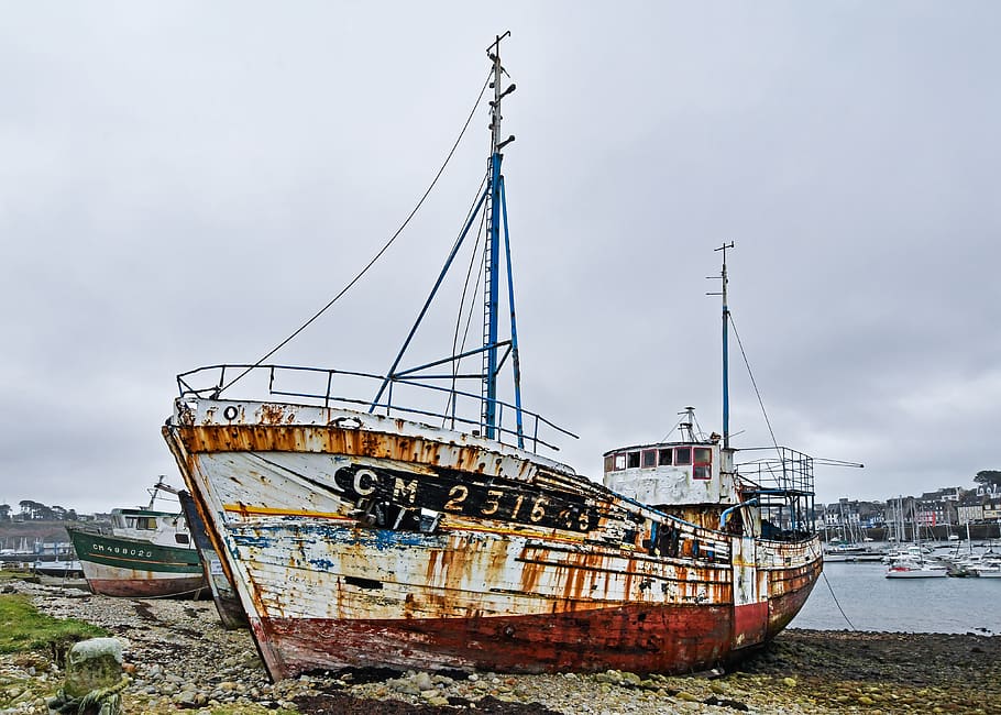wreck, boat, sea, old, abandoned, carcass, nautical vessel, HD wallpaper