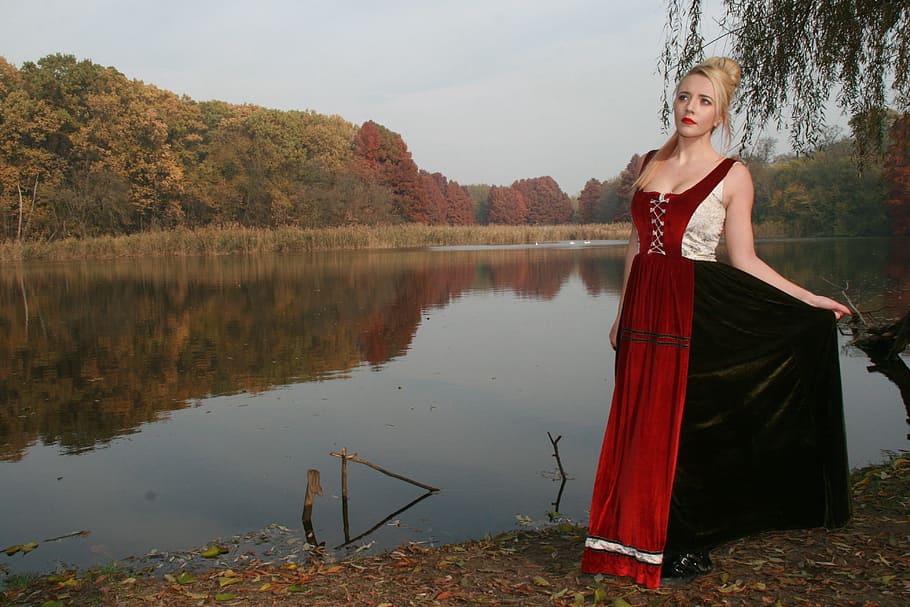 river, flow, water, shore, girl, beauty, princess, pose, portrait HD wallpaper