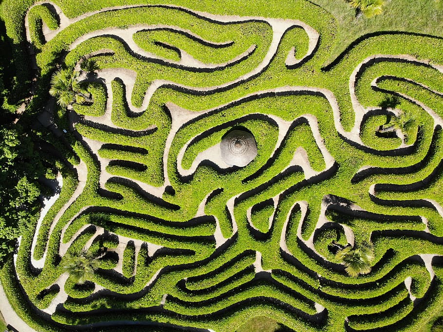 green and white maze illustration, drone view, aerial view, pattern HD wallpaper