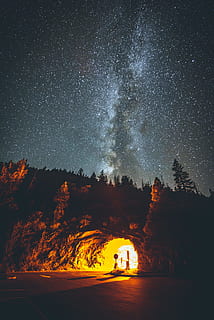 road tunnel under starry sky, cave, light, galaxy, forest, woodland HD wallpaper