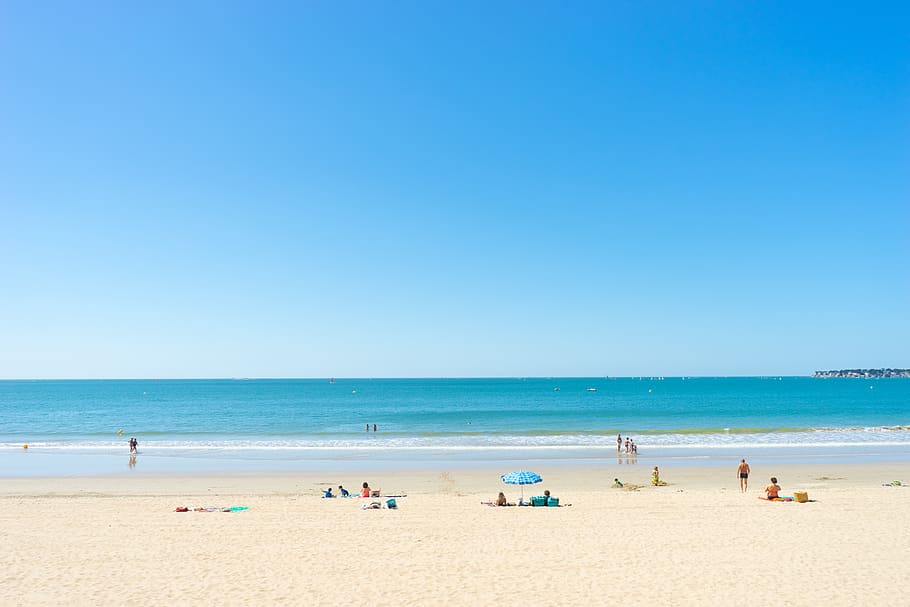 beach, sea, water, land, horizon over water, sky, sand, blue HD wallpaper
