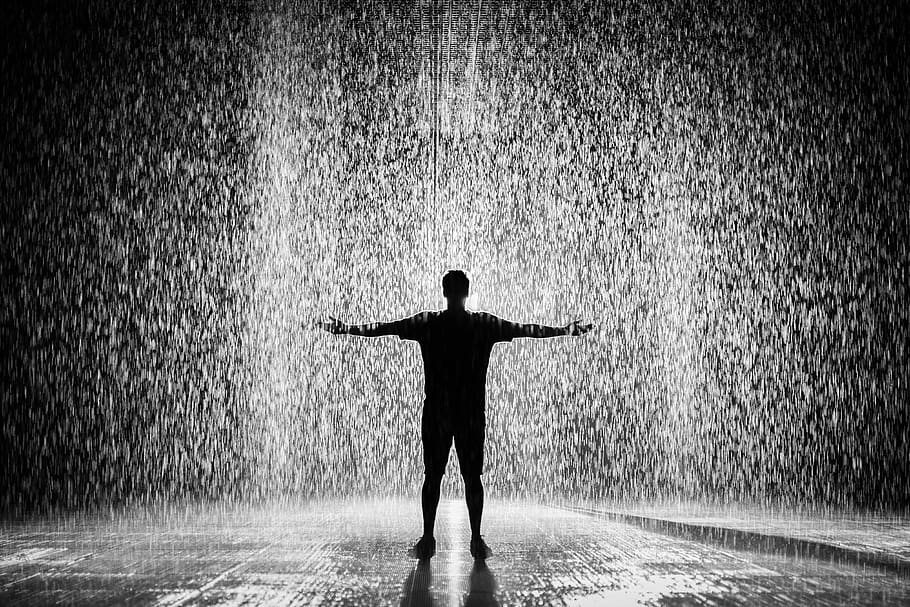 Silhouette and Grayscale Photography of Man Standing Under the Rain, HD wallpaper