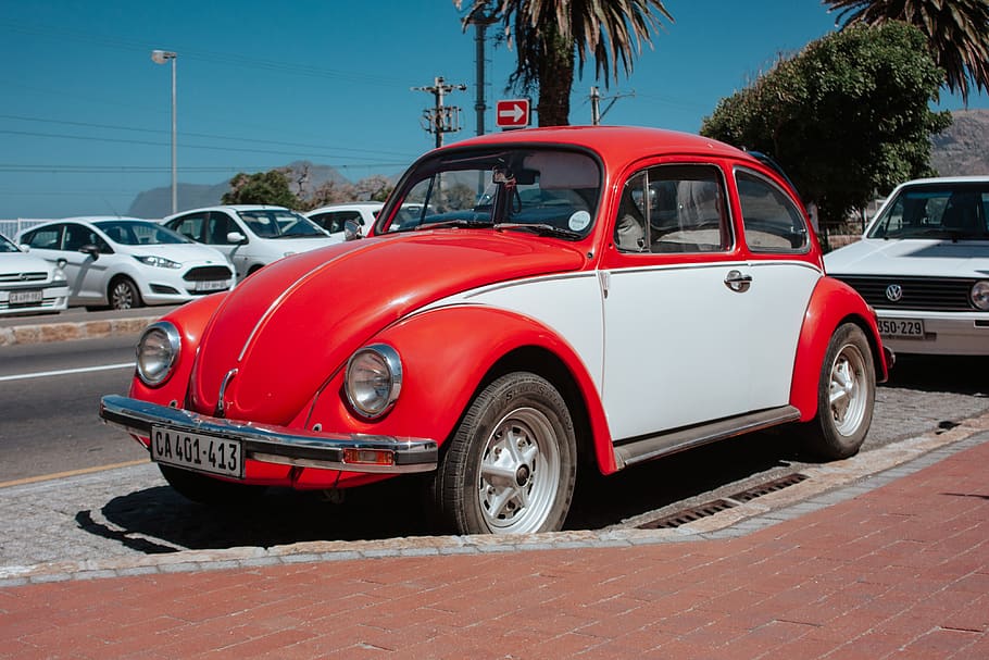red and white Volkswagen beetle parked on side of road, car, automobile, HD wallpaper