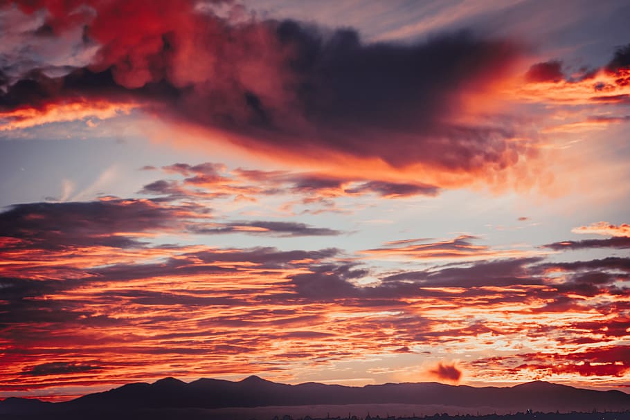 orange and grey clouds during golden hour, mountain, horizon HD wallpaper