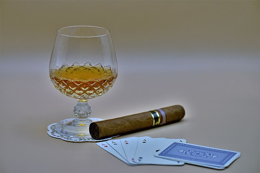 cigar, cognac, glass, poker, aces, playing cards, mr evening, HD wallpaper