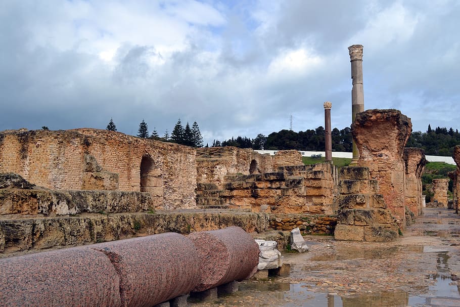tunisia, carthago, column, stone, ruins, ancient, architecture HD wallpaper