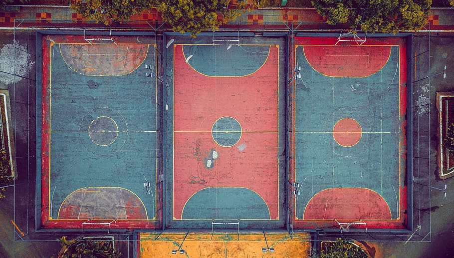 Blue and Red Basketball Court, aerial shot, color, design, drone shot, HD wallpaper