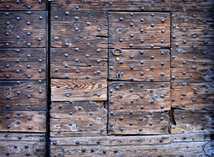 Closed Brown Wooden Door With Metal Stud, antique, dark, design HD wallpaper