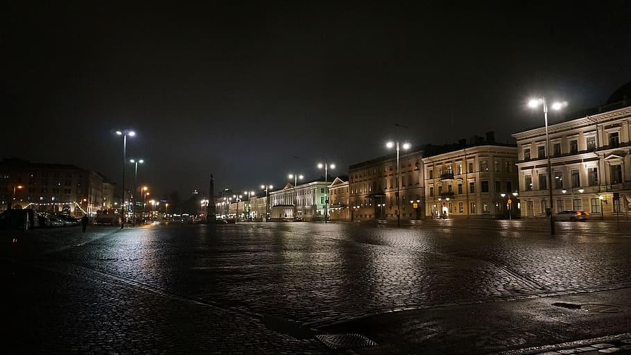 finland, helsinki, street, illuminated, night, architecture