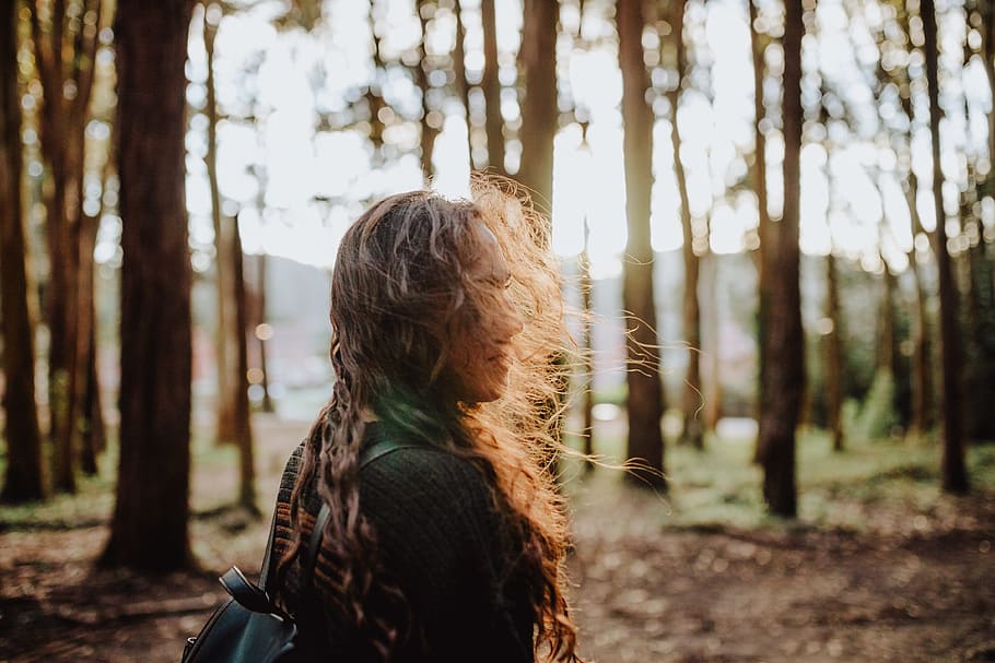 woman standing in middle of trees looking right, person, forest HD wallpaper