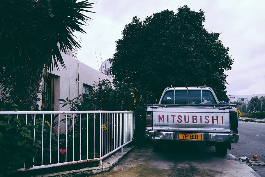 Gray Mitsubishi Car Parking Near White Hand Rails, action, backyard
