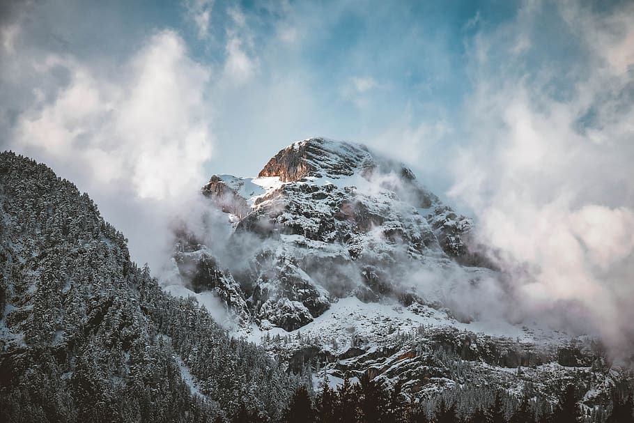 Snow-covered Mountain Peak, clouds, cold, daylight, fog, forest HD wallpaper