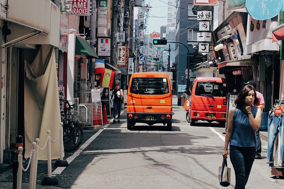 orange truck, person, people, human, transportation, bus, vehicle HD wallpaper