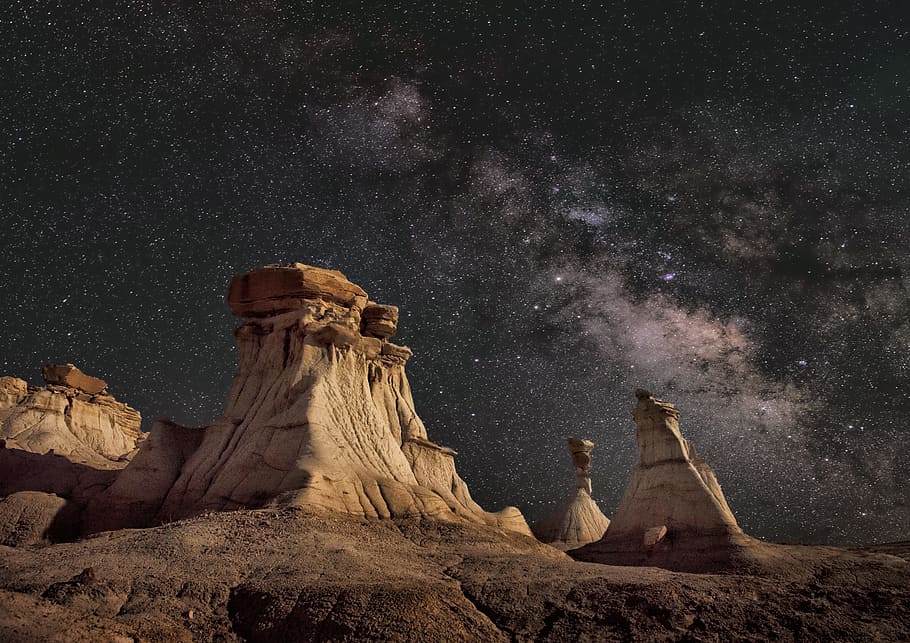canyon beneath the stars, rock, sky, astrophotography, milky way, HD wallpaper