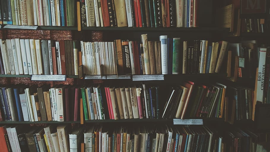 large group of objects, shelf, book, publication, bookshelf HD wallpaper