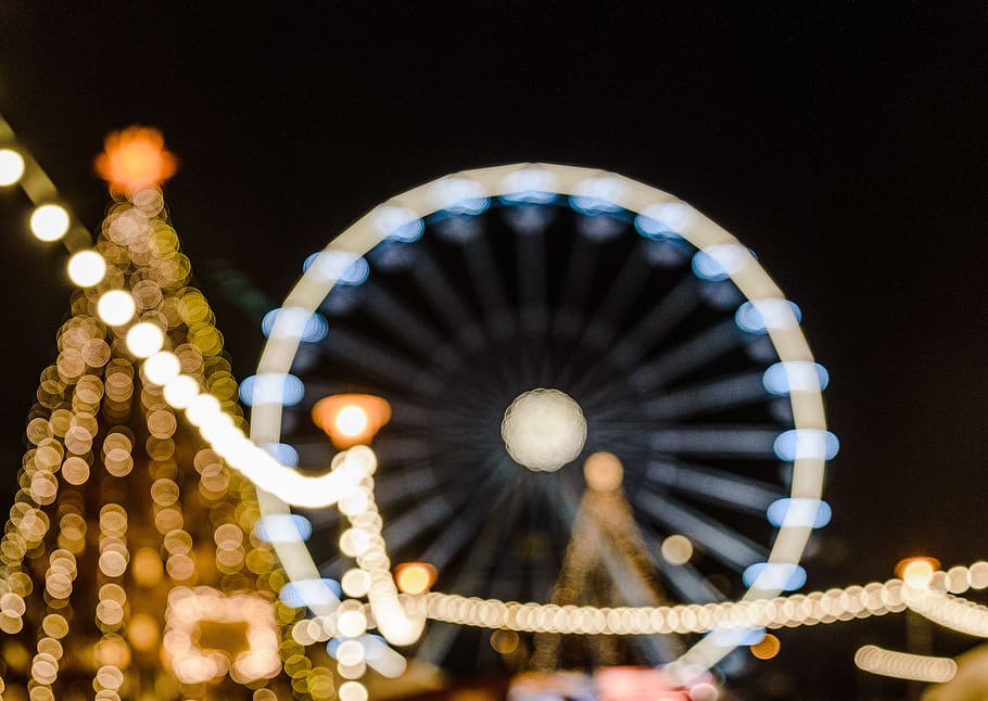 white ferris wheel during night, crowd, festival, carnival, brno HD wallpaper