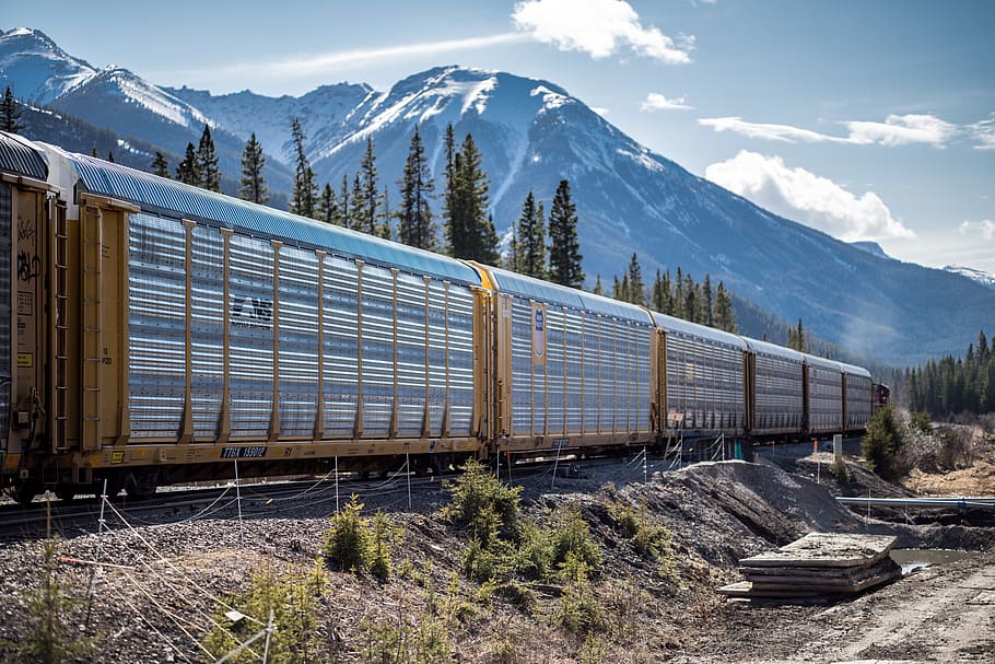 canada, banff, train, mountain, sky, mountain range, nature, HD wallpaper