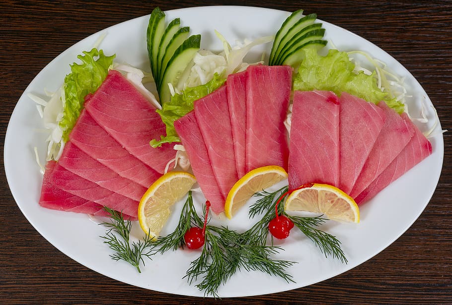 trout, fish, red, food, lemon, yellow, dill, green, cherry HD wallpaper