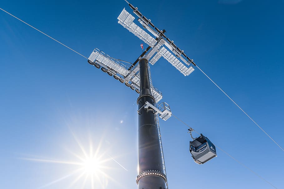 ski lift, sunstar, blue sky, winter, austria, tourism, travel, HD wallpaper