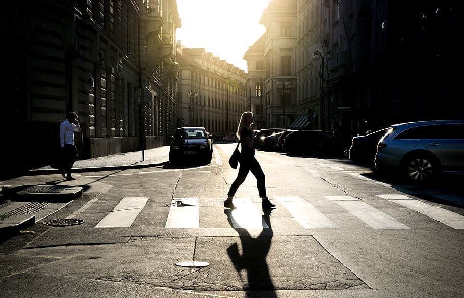 Woman Walking on Pedestrian Lane, adult, bright, buildings, city