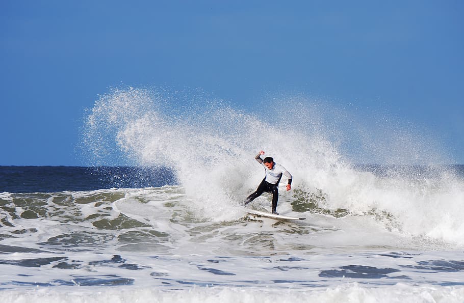 person surfing, sea, motion, water, splashing, sport, aquatic sport HD wallpaper