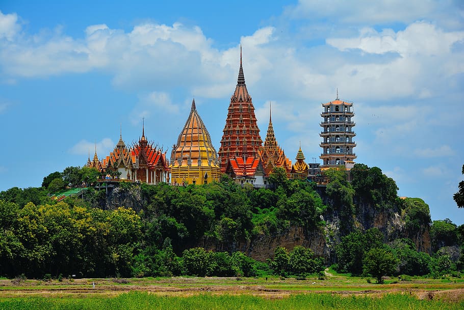 Blue and Beige Pagoda Tower Beside Forest, ancient, architecture HD wallpaper