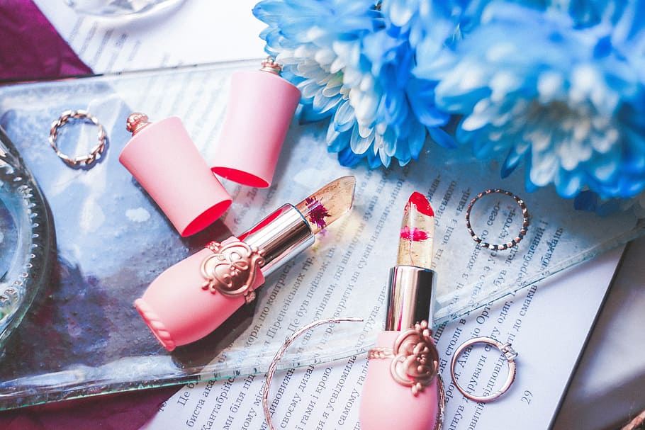 lipsticks beside blue petaled flowers, ring, plant, decor, jewelry HD wallpaper