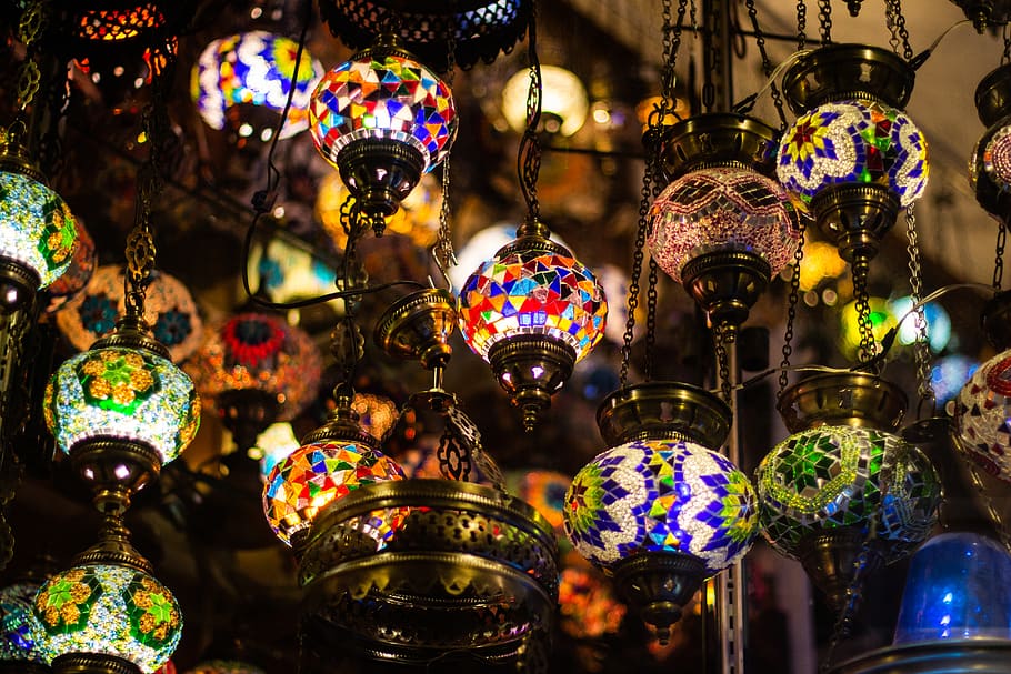 assorted light-up hanging lamps, large group of objects, multi colored HD wallpaper