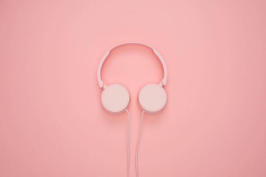 headphones, pink, pastel colors, bright, flat lay, music, chill