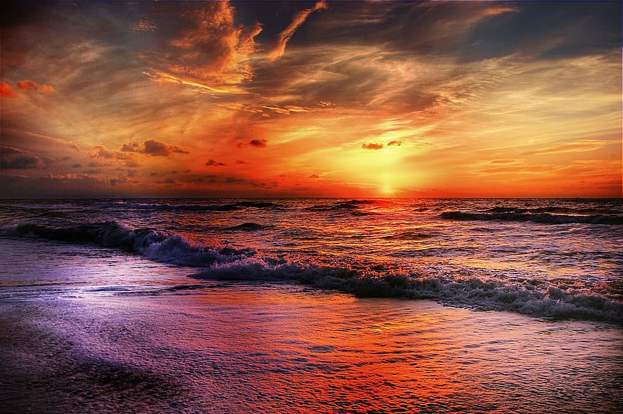 Seashore Under Orange Cloudy Sky, beach, beautiful, clouds, coast HD wallpaper