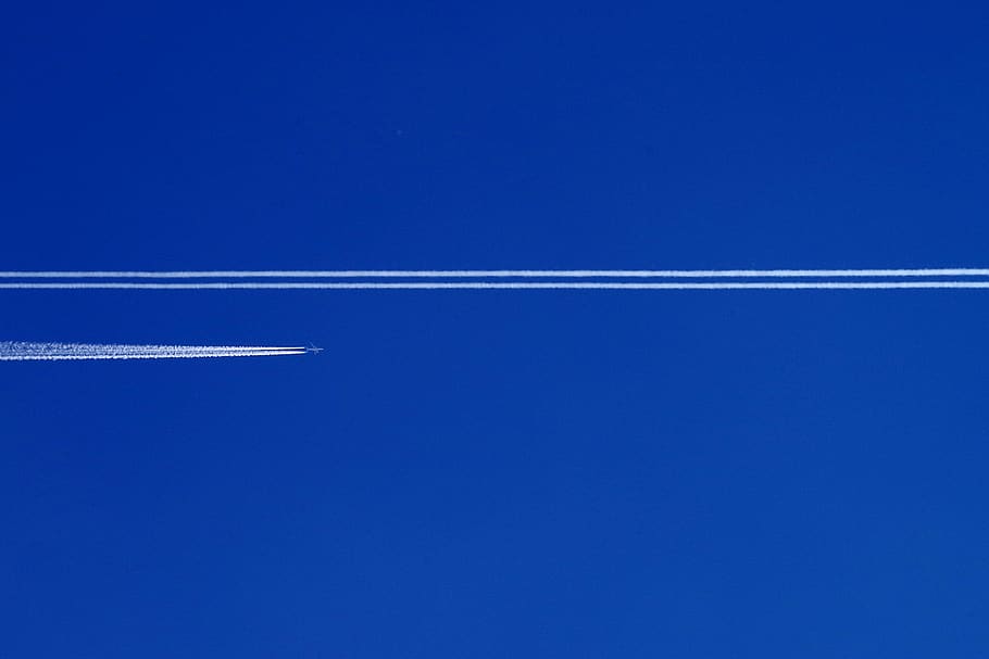 aircraft, flying, stripes, sky, aviation, contrail, emission nebula HD wallpaper