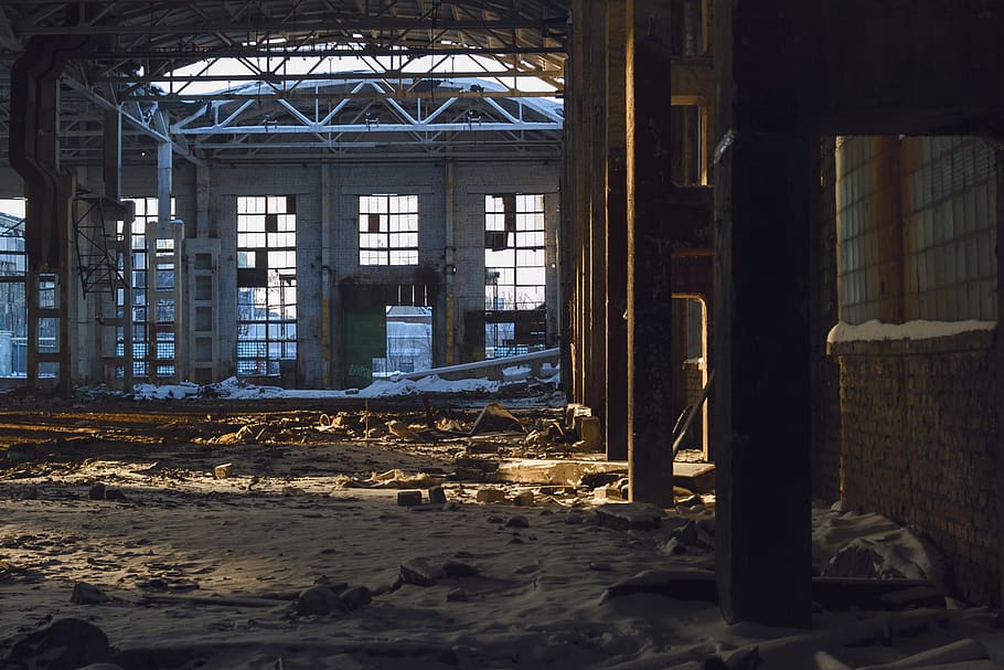 ruins, warehouse, abandoned, sunset, winter, empty, architecture HD wallpaper