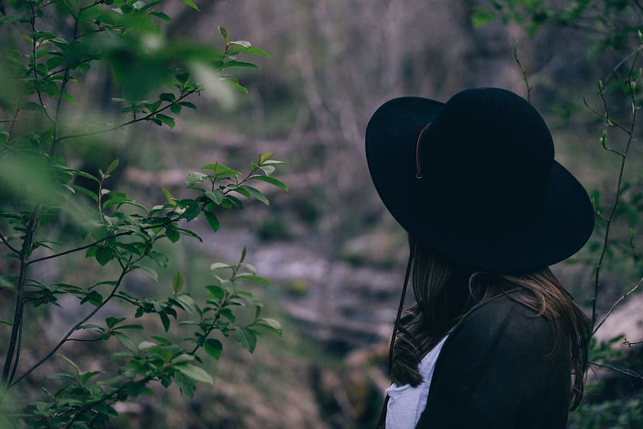people, girl, alone, tree, nature, green, plant, black, hat HD wallpaper