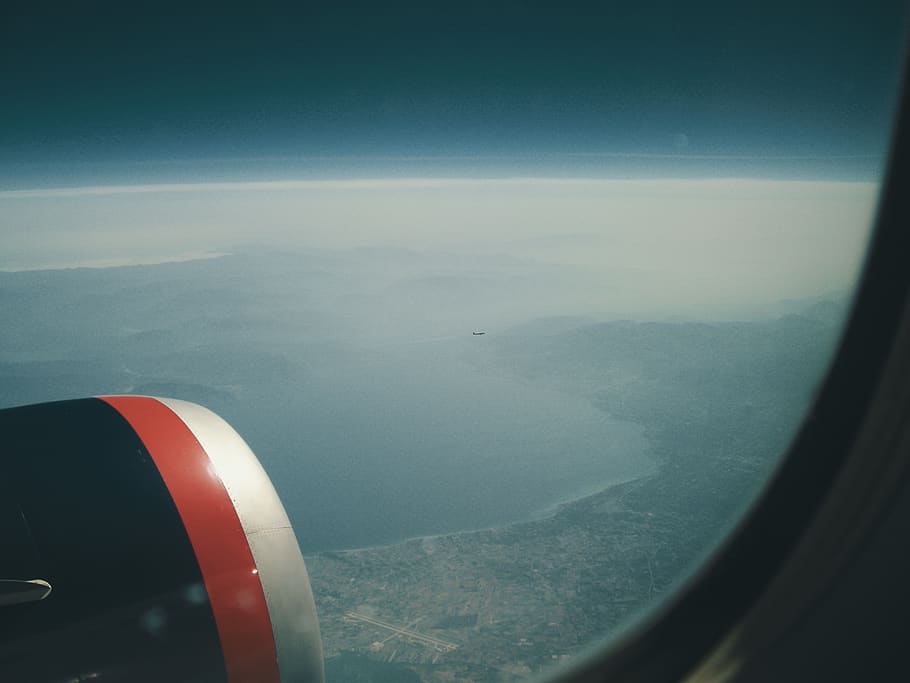 greece, plane, window, airplane, sky, above, teal, air vehicle HD wallpaper