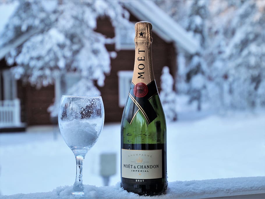 champagne, wine, sparkling, cold, winter, frost, green glass, HD wallpaper
