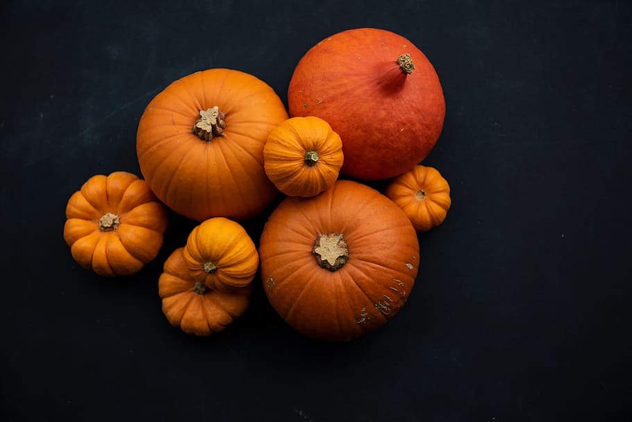 orange pumpkins, table, flat lay, dark, vegetable, healthy, autumn, HD wallpaper