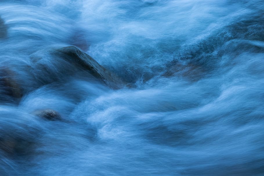 body of water, rock, stream, creek, river, long exposure, blue HD wallpaper