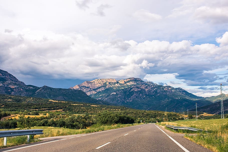 Road Near Mountain, asphalt, clouds, countryside, daylight, highway HD wallpaper