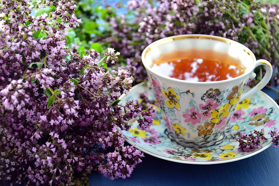 tea, herbal tea, flower tea, mug, drink, marjoram, medicinal plant, HD wallpaper