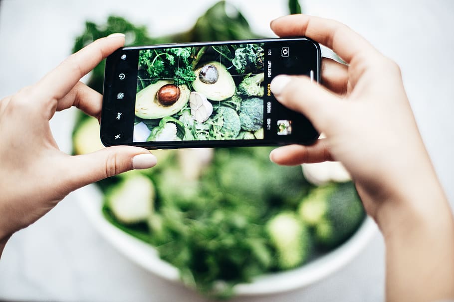 Person Taking Photo Of Bowl Of Vegetables, avocado, hands, screen HD wallpaper