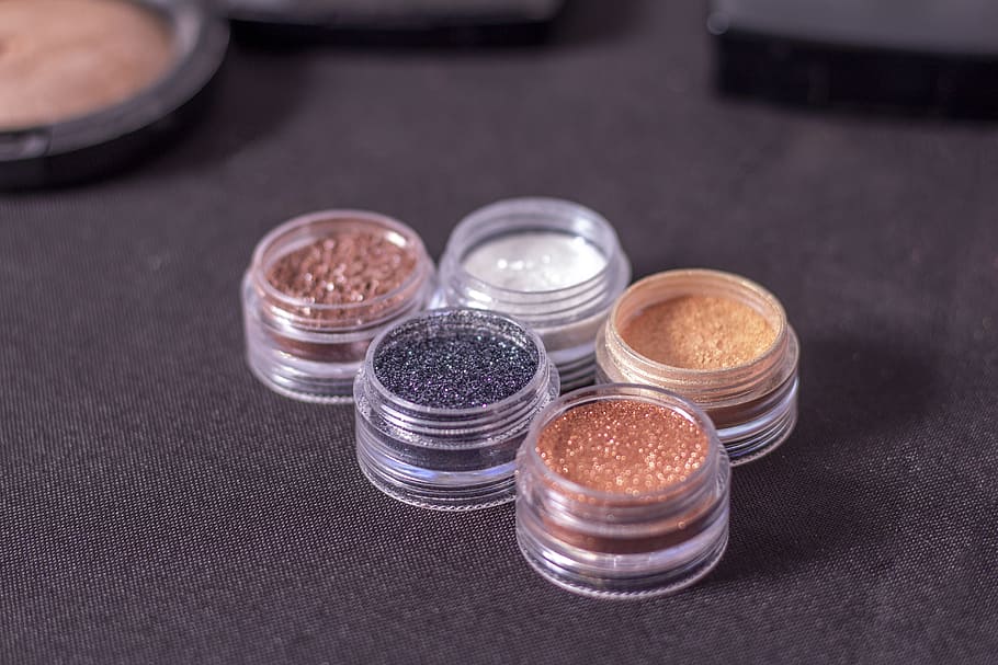 Five Assorted-color Glitter Foundation, close -up, colors, containers HD wallpaper