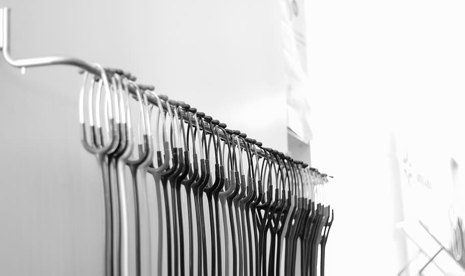 black and white stethoscopes, fence, city, building, metropolis HD wallpaper