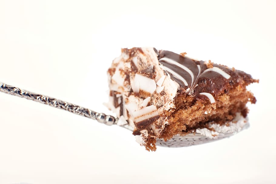 spoon, cake, pie, cream, icing, dessert, plate, white, snack, HD wallpaper