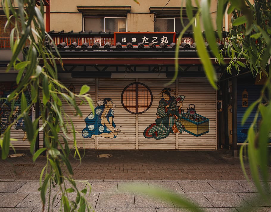 geisha graffiti roller shutter during daytime, person, human HD wallpaper