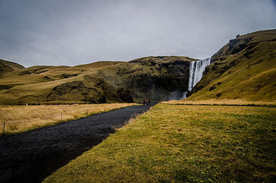 waterfall under cloudy sky, nature, outdoors, road, scenery, field HD wallpaper
