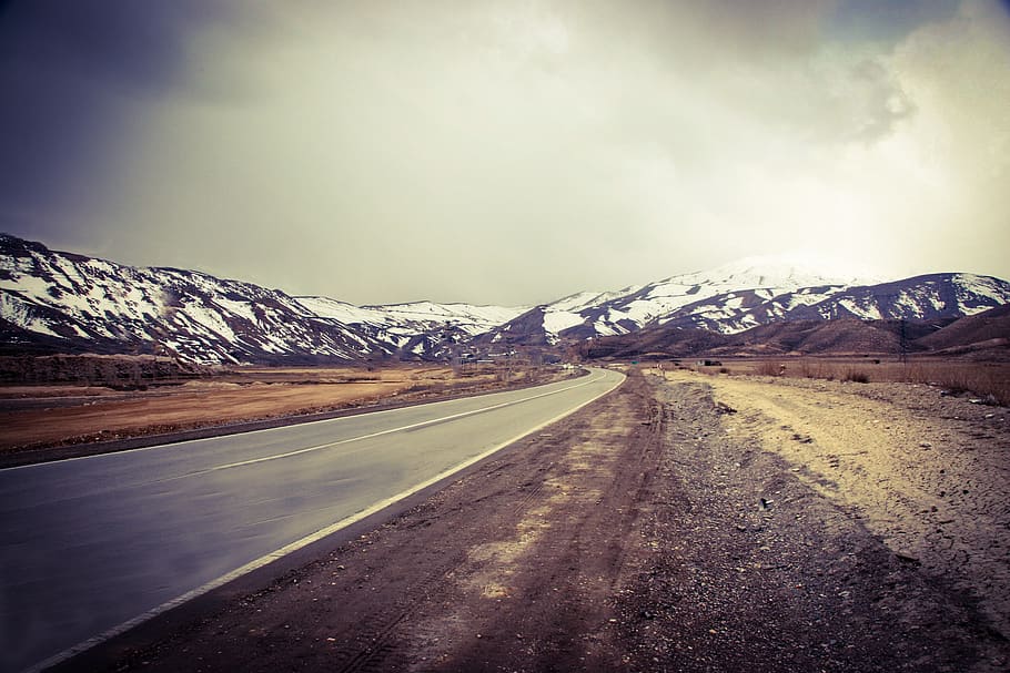 iran, sari, snow, view, road, empty, winter, cold, mountain HD wallpaper