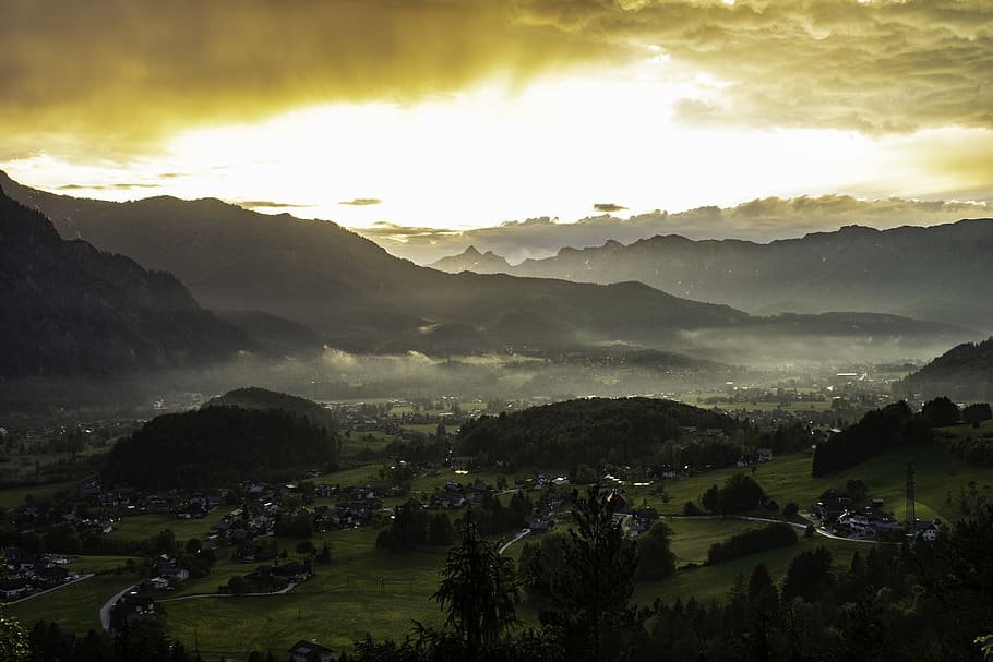 austria, hallstatt, alps, sunset, sky, landscape, beauty in nature HD wallpaper