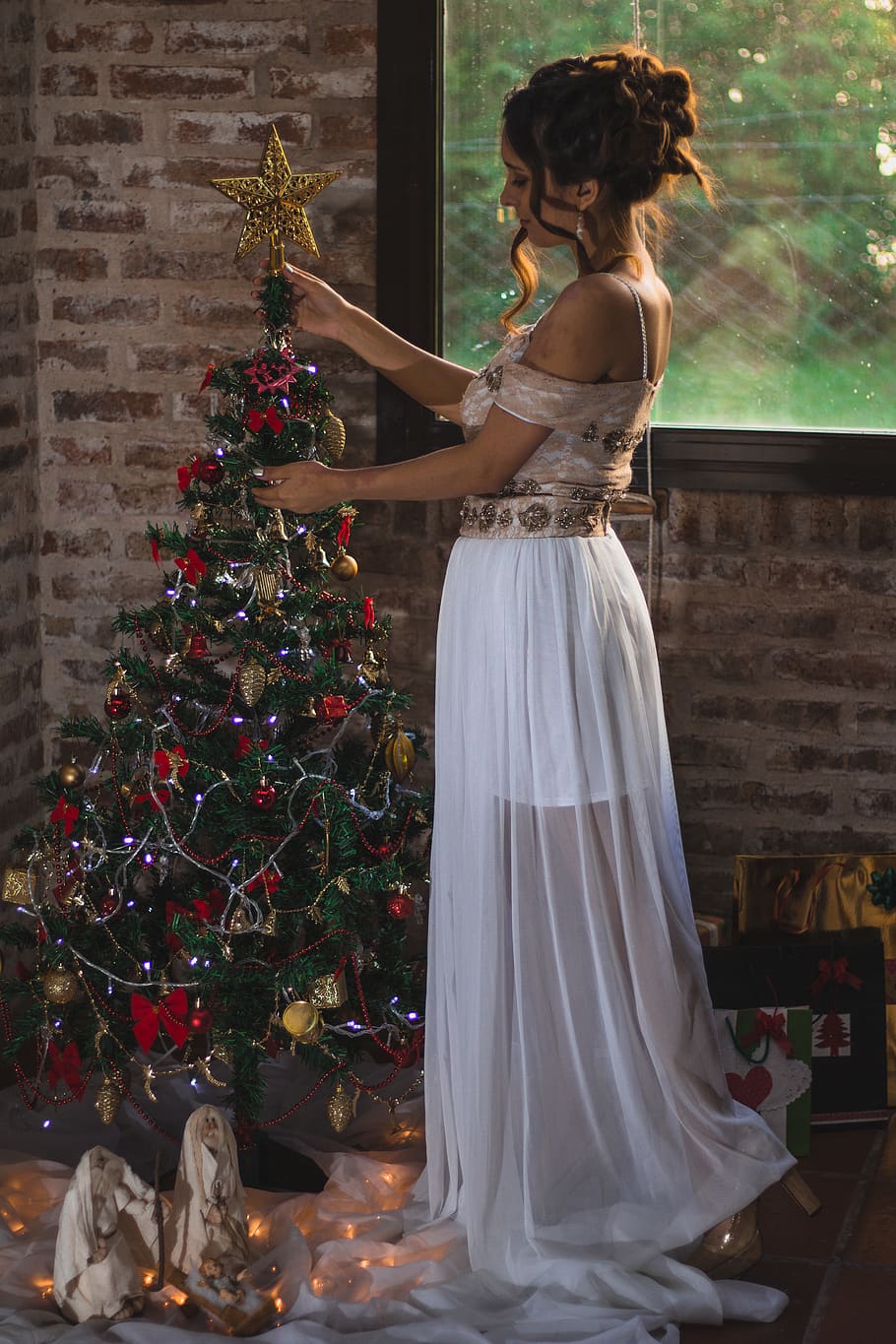 celebration, standing, christmas, decoration, tree, women, christmas tree HD wallpaper