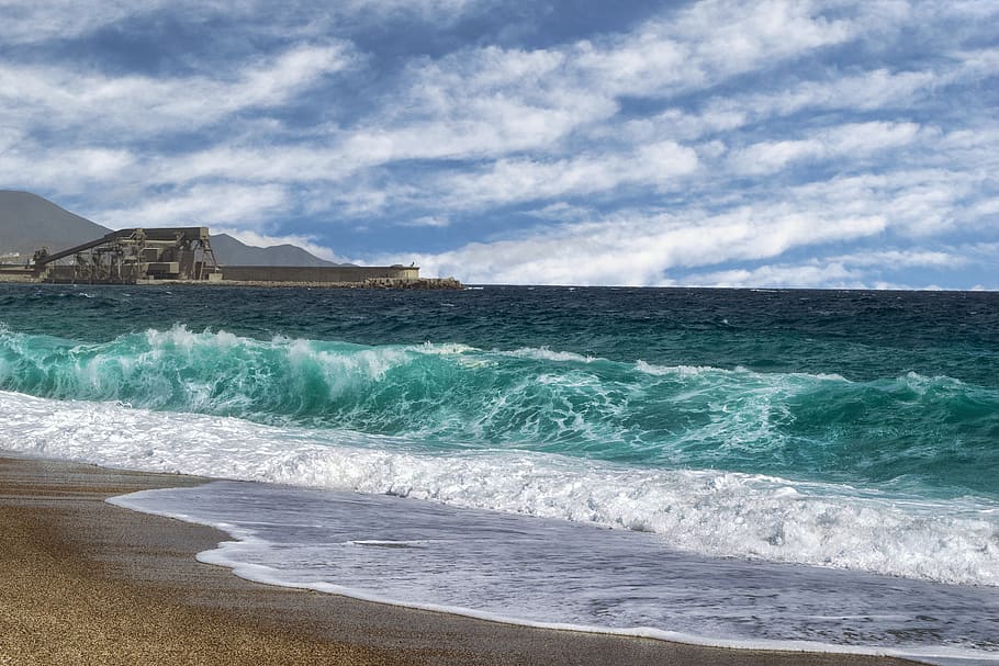 sea, waves, beach, sand, marina, sky, landscape, water, motion HD wallpaper