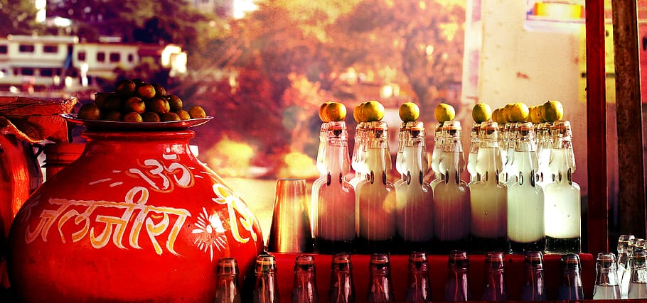 Glass Bottles Beside Red Ceramic Container, arabic, bar, restaurant HD wallpaper